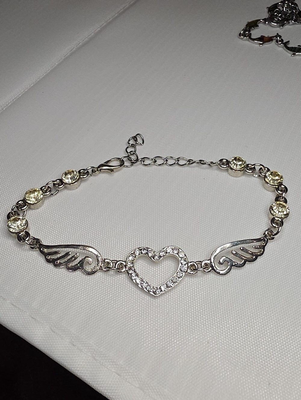 Silver Heart & Wing Ankle Bracelet with Clear Crystals